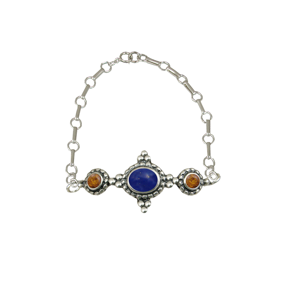 Sterling Silver Gemstone Adjustable Chain Bracelet With Lapis Lazuli And Amber